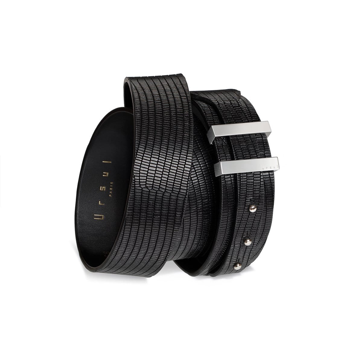Ceinture homme en cuir noir embossé façon iguane SPARTIATE.34, vue enroulée