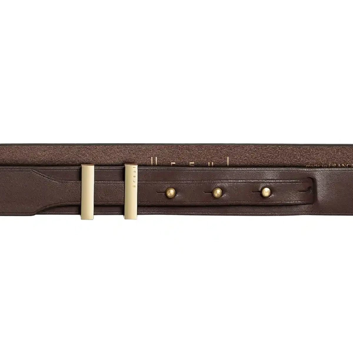 Détail de la boucle gun et du cuir chocolat SPARTIATE.24