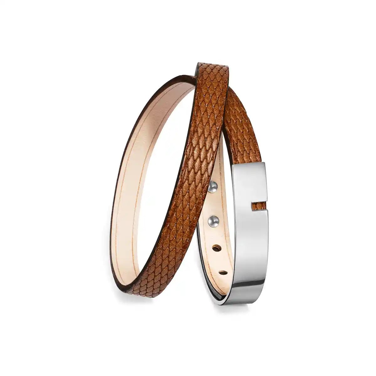 bracelet cuir double tour fauve embossé grain diamant ursul fermoir argent